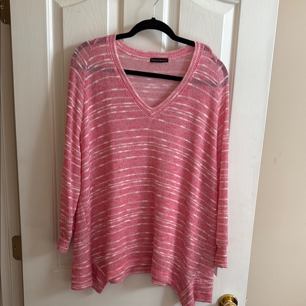 Nally & Millie Pink and White Striped V-Neck Sweater